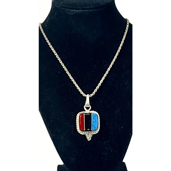 Vintage Taxco Sterling Silver Inlay Pendant Necklace – Coral Onyx Turquoise- 27” - Picture 1 of 16